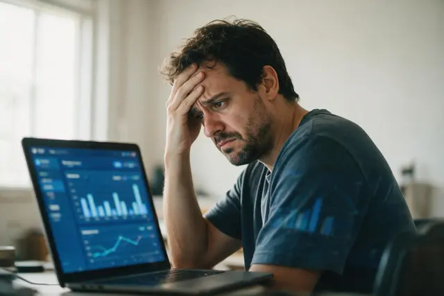 Pessoa preocupada olhando o painel de anúncios no notebook